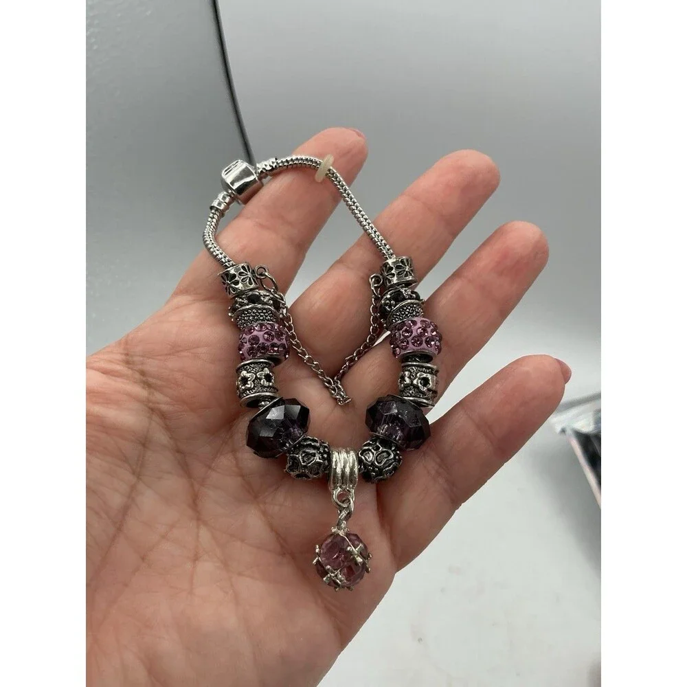 Purple Pink European Charm Bracelet Rhinestone Glass Beads Silver Tone 8”